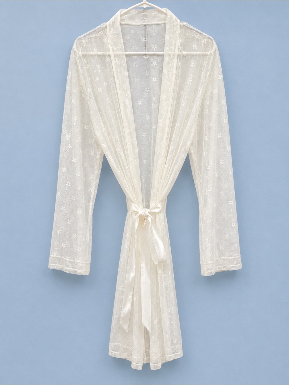 Beautiful, feminine and delicate sheer ivory robe featuring dainty florals
